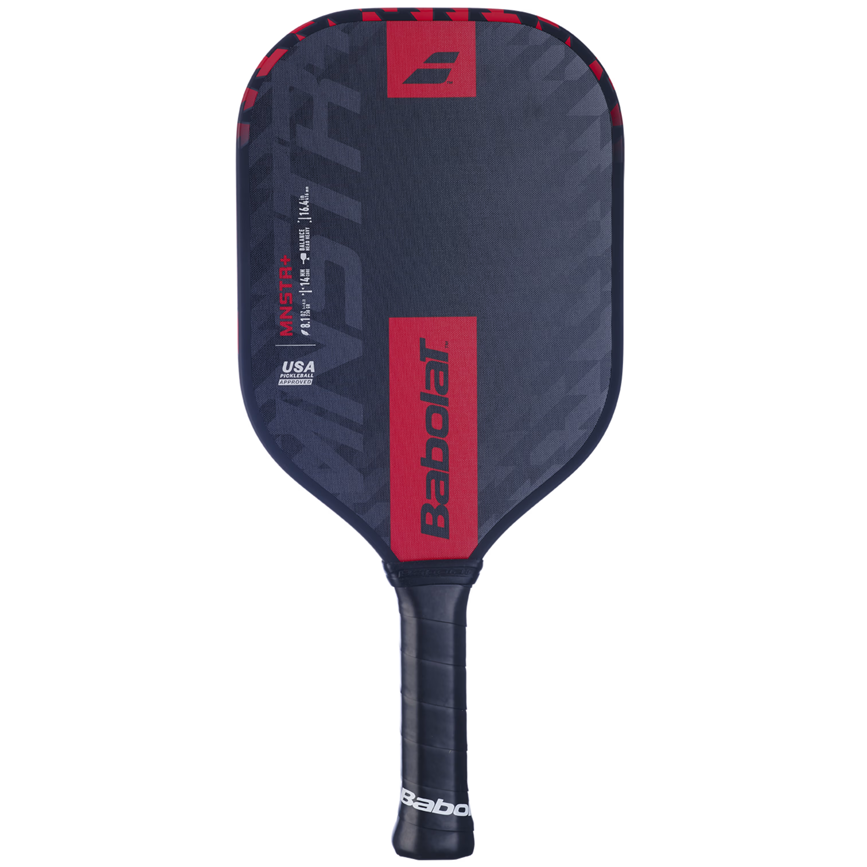 Babolat red and black MNSTR+ pickleball paddle featuring an elongated shape, textured RPM SuperSpin surface, and extended 5.8" handle for powerful, spin-heavy play.