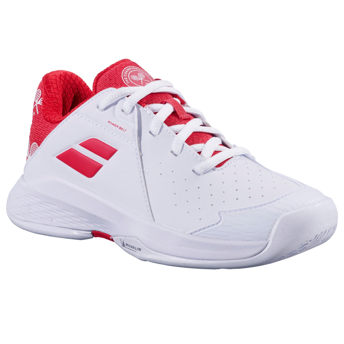 Babolat Propulse Junior All Court Wimbledon Jr Tennis Shoes - White / Red - three-quarter view