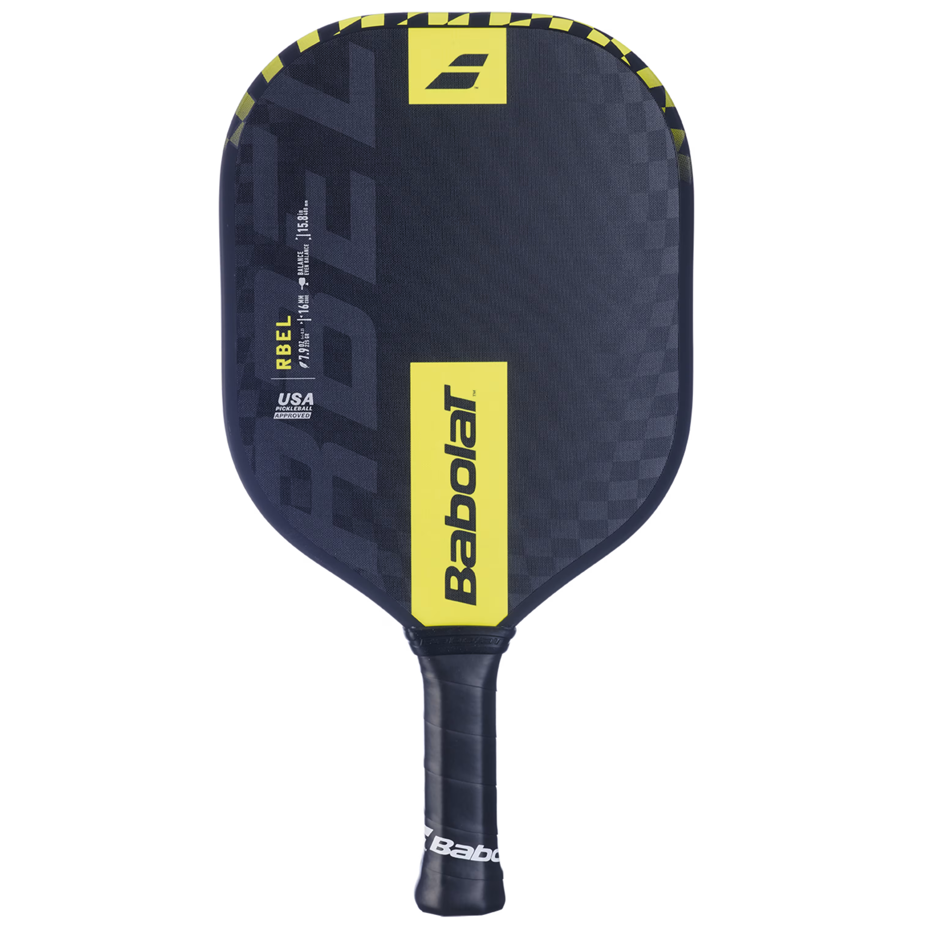 Babolat RBEL Pickleball Paddle – widebody design with textured surface, black and yellow colorway, designed for control and spin-focused play.