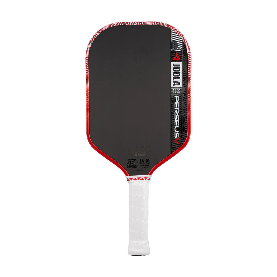 Pickleball paddle with red and black design on a white background