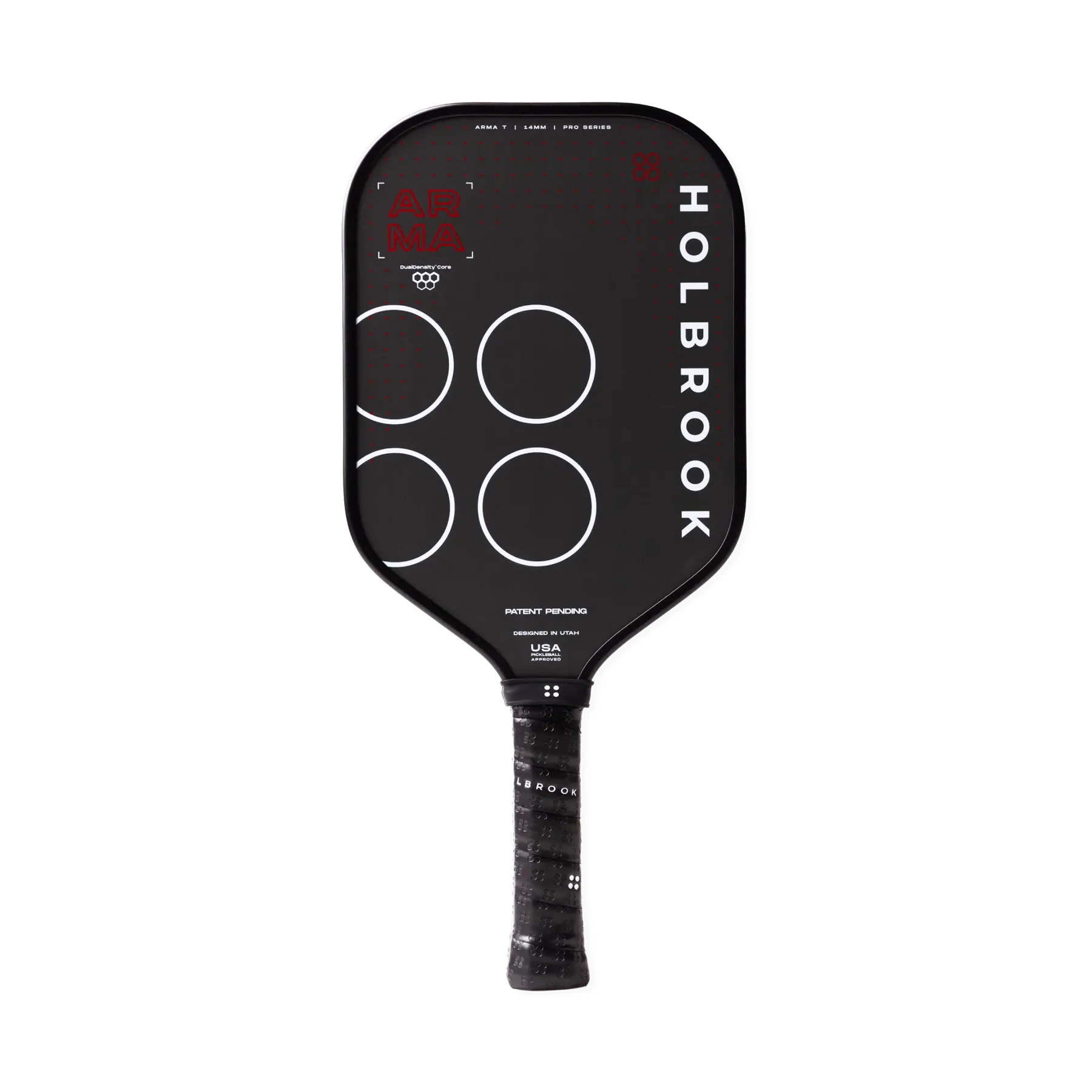 Holbrook Arma T pickleball paddle with elongated carbon fiber face and hexagonal pattern, designed for power and control.
