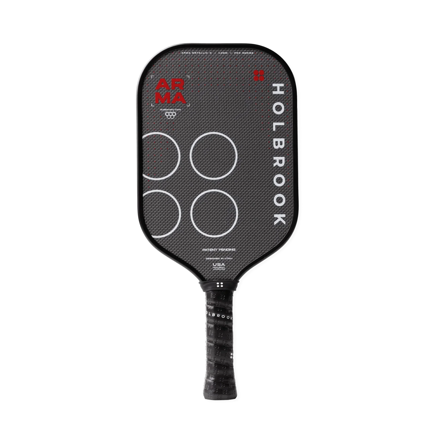 Holbrook Arma X Metallic 14mm pickleball paddle with hybrid elongated shape and metallic polyester carbon fiber weave face